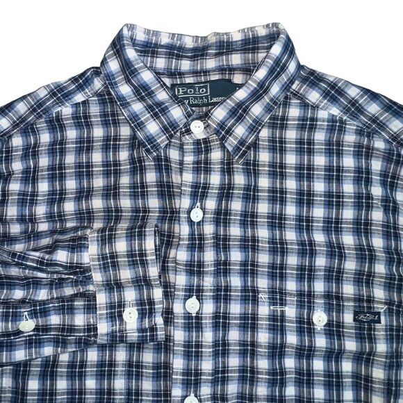 Polo Ralph Lauren Blue Plaid Linen Blend Long Sleeve‎ Button Up Shirt Medium - Picture 1 of 6